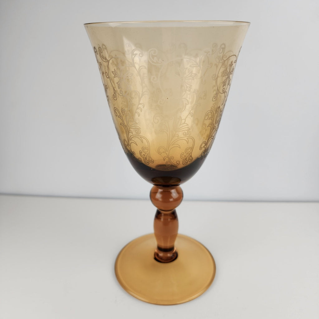 7" Etched Amber Depression Glass Stemmed Wine Glass Vintage