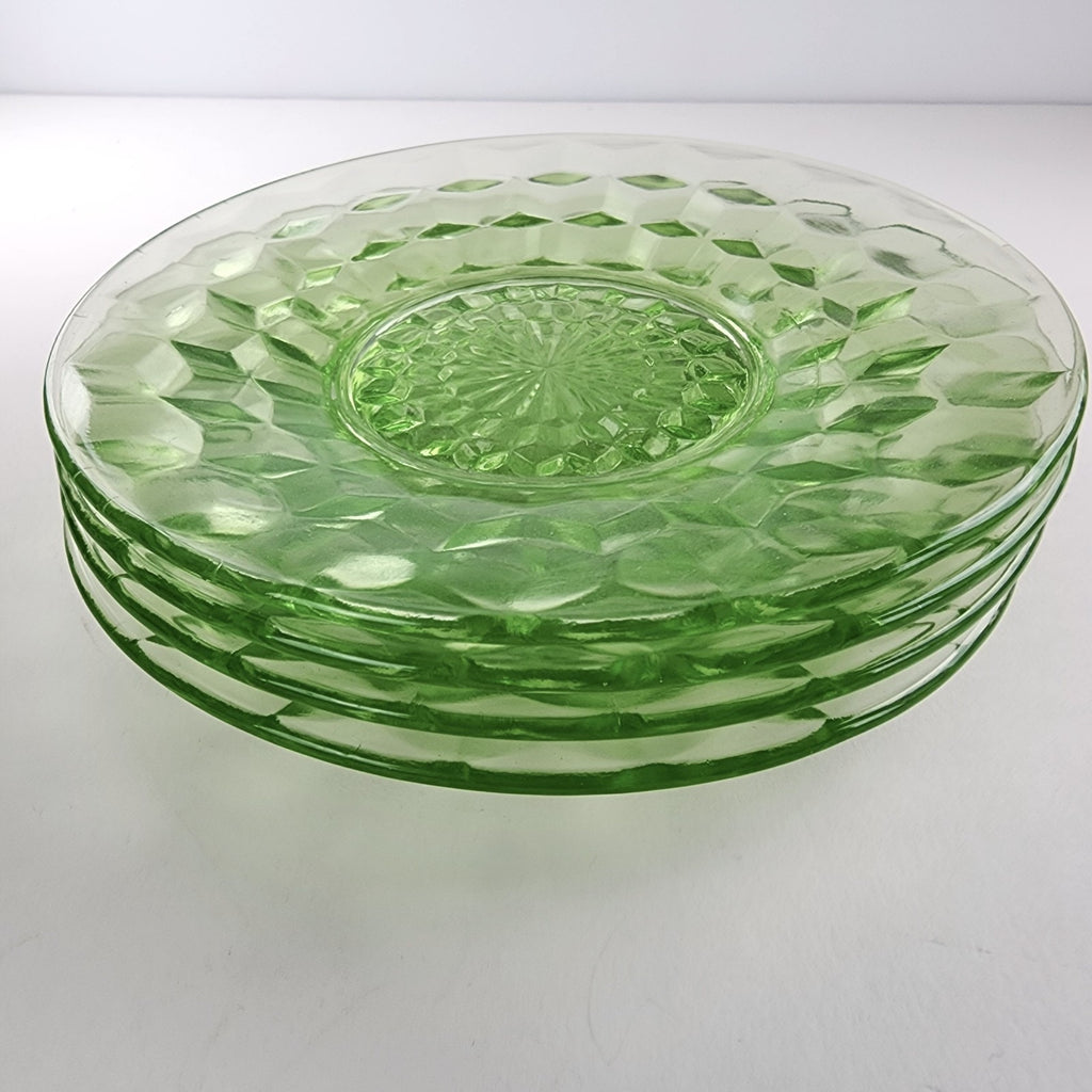 6" Block Optic UV Uranium Glow Plate Set of 4 Vintage Depression Glass