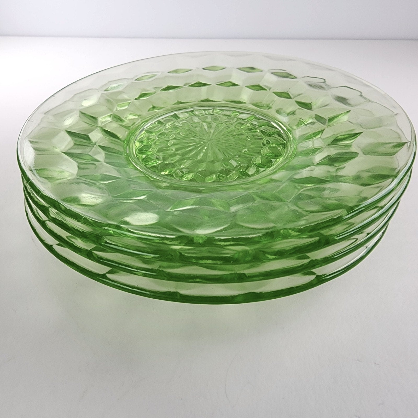 6" Block Optic UV Uranium Glow Plate Set of 4 Vintage Depression Glass
