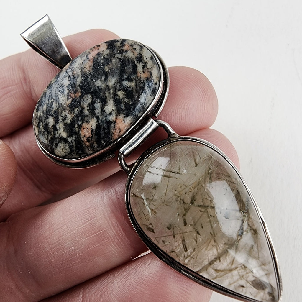 Rutilated Quartz & Rhodochrosite Sterling Silver 925 Vintage Articulated Pendant