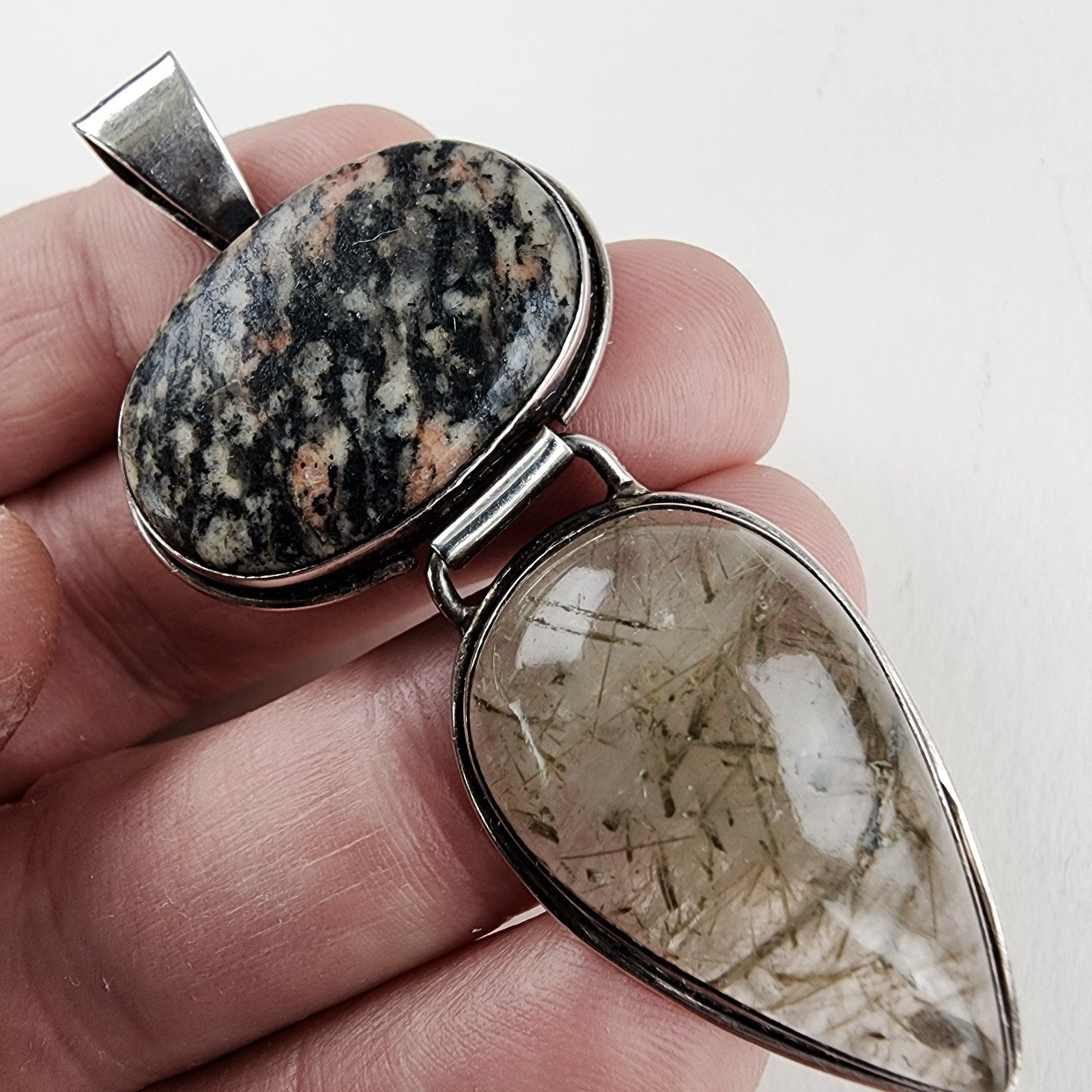 Rutilated Quartz & Rhodochrosite Sterling Silver 925 Vintage Articulated Pendant