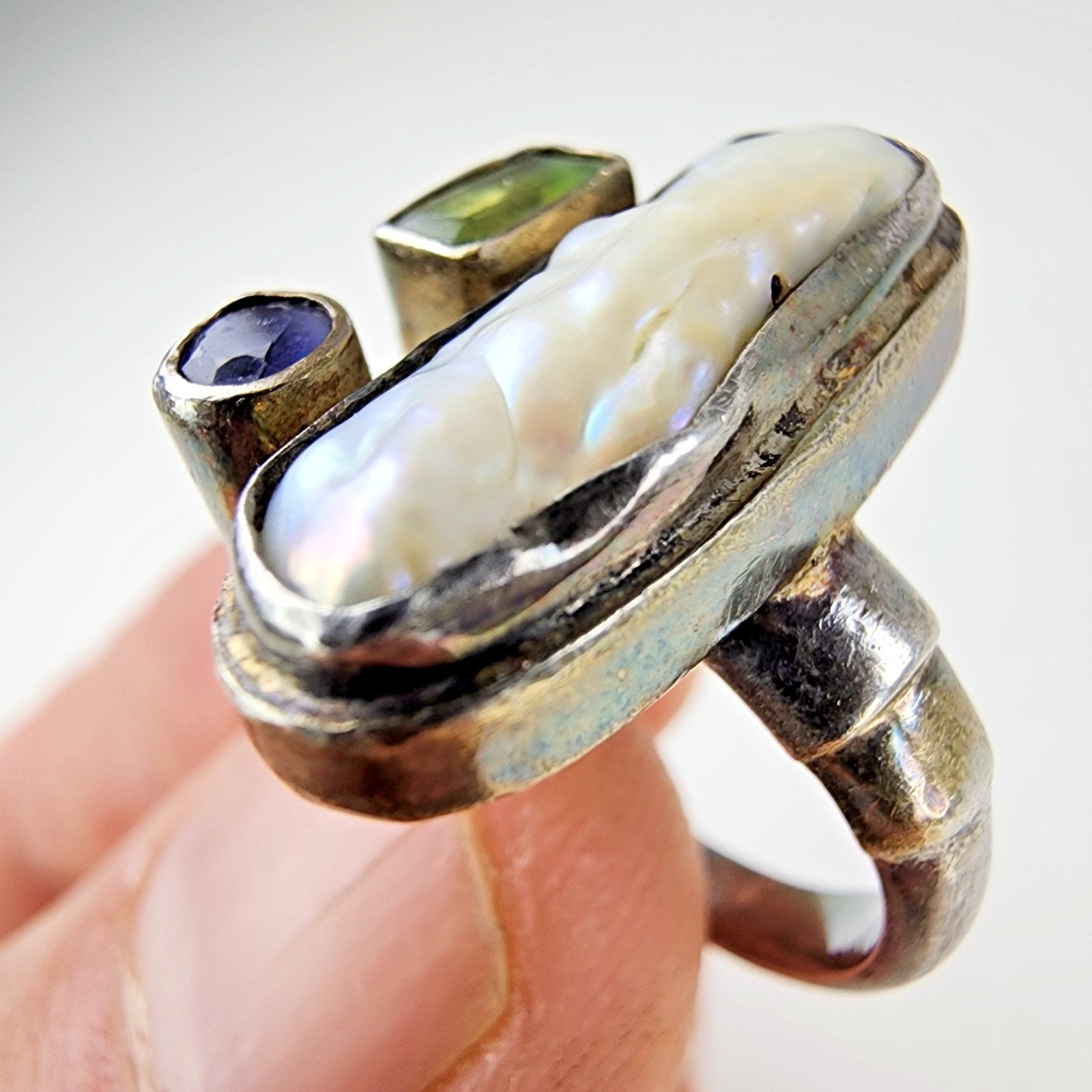 Baroque Freshwater Pearl Peridot & Amethyst Ring Size 6 1/2 Sterling Silver 925