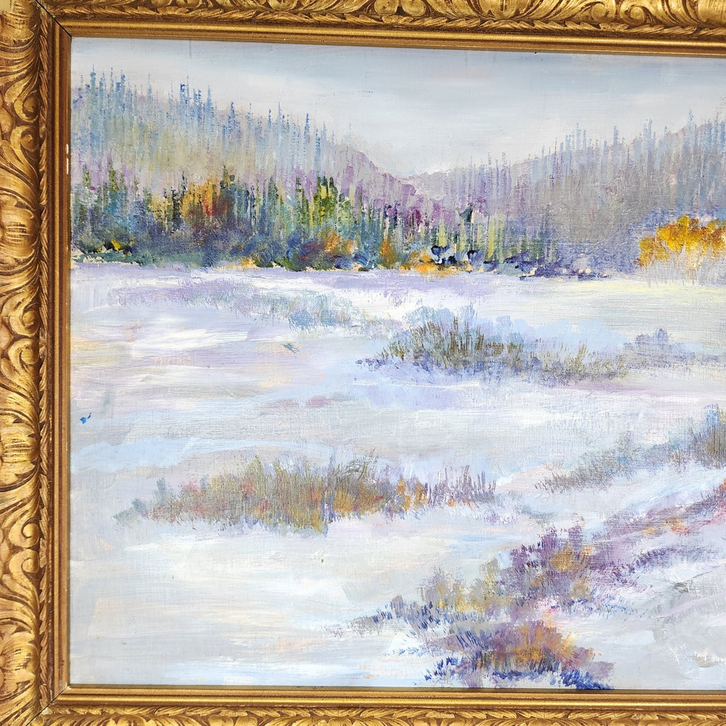 Impressionist Winter Landscape Scene Acrylic on Panel in Gilded Frame Unsigned