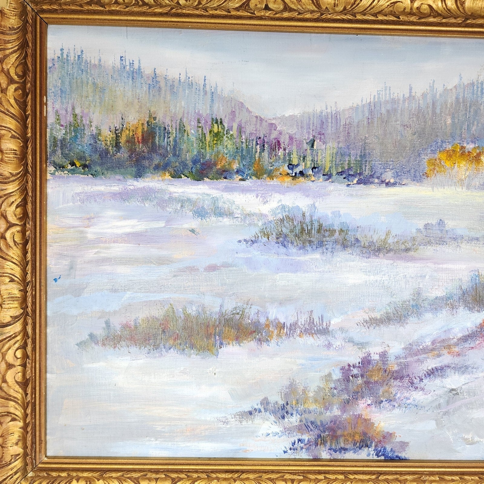 Impressionist Winter Landscape Scene Acrylic on Panel in Gilded Frame Unsigned
