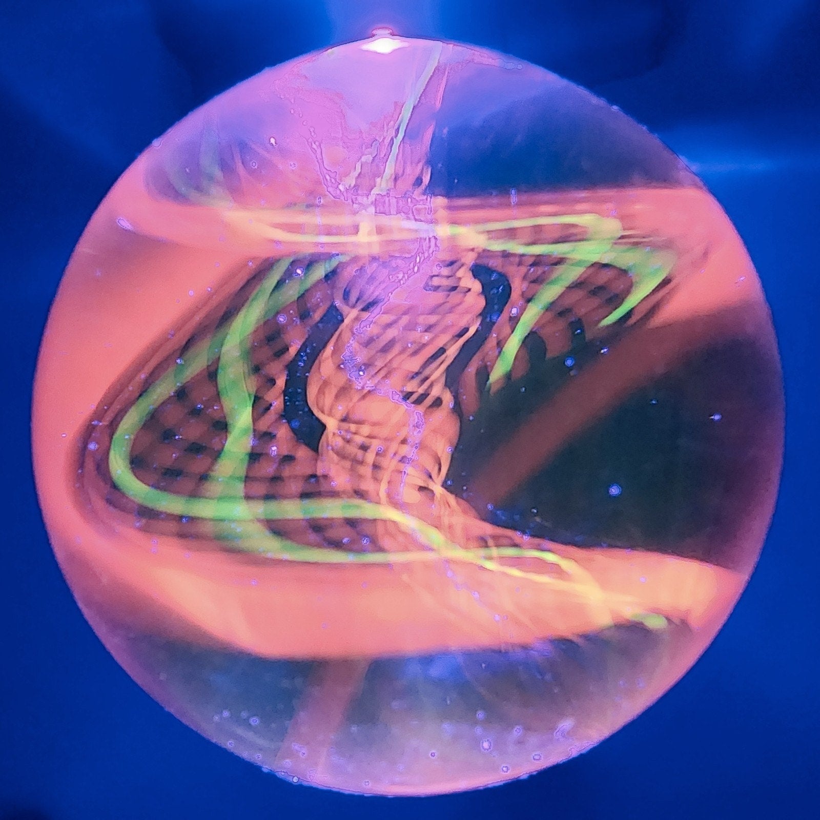 43mm UV Orange Double Twist Spiral Borosilicate Marble Signed Eddie Seese 2015