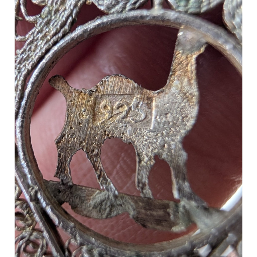 Vintage Filigree Sterling Silver 925 Heart Necklace w/ Camel 18 1/2" Tribal Peru