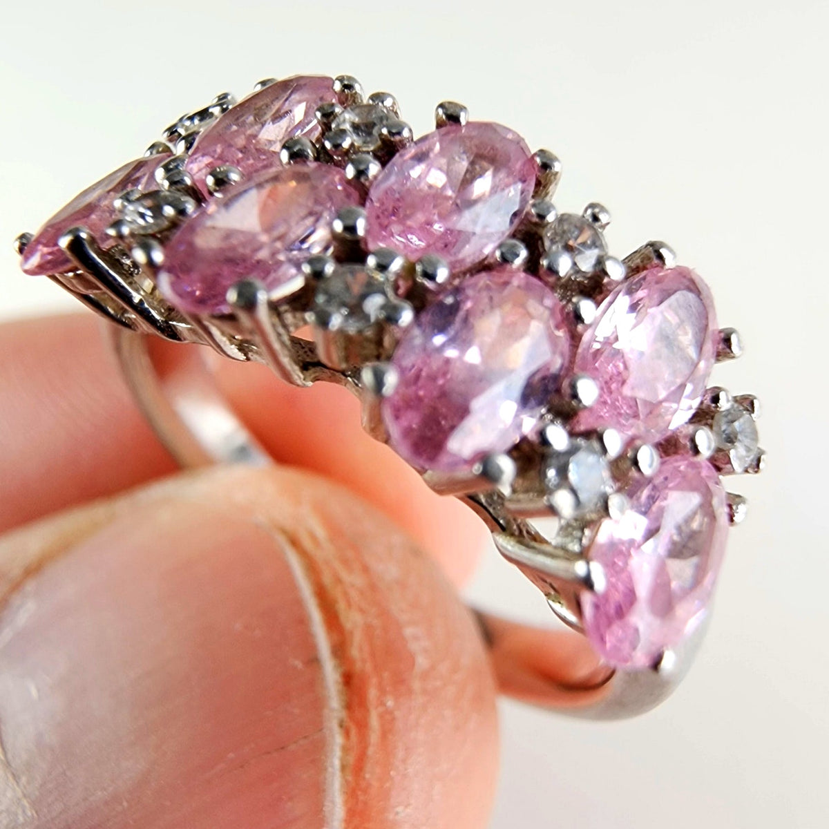 Pink & Clear Pave Cocktail Ring Size 7 in Sterling Silver 925 Vintage