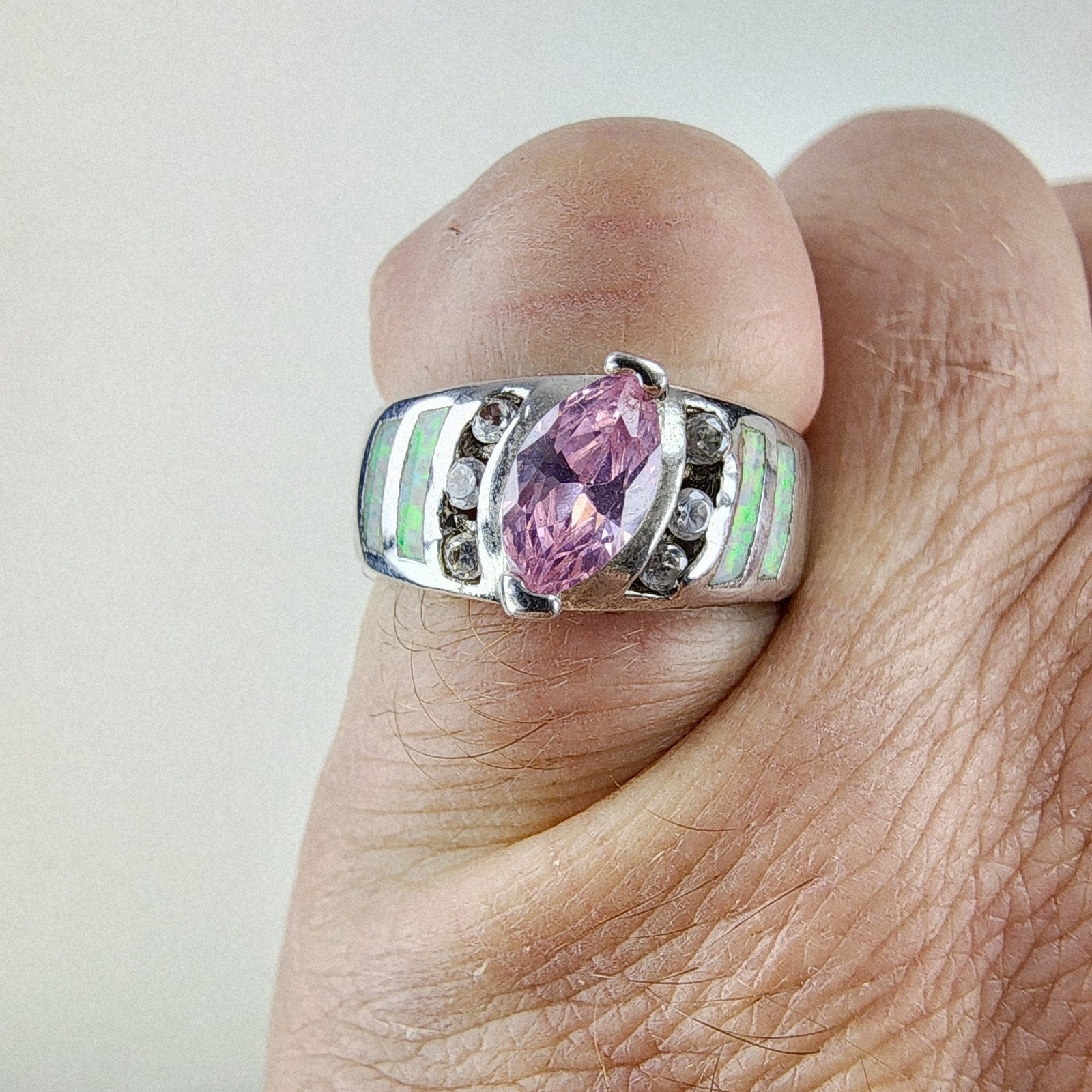 Opal Inlay Amethyst Ring Size 8 1/2 Sterling Silver 925 Vintage