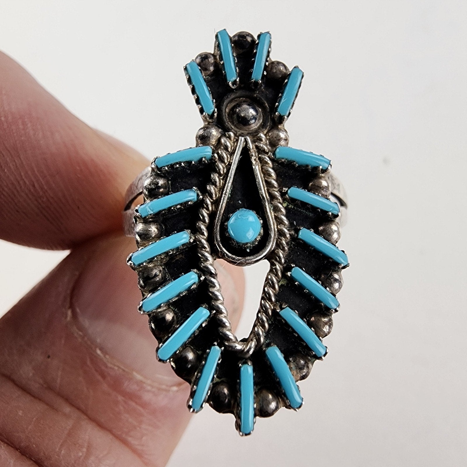 Native Turquoise Needlepoint Ring by Philander Gia Size 9 3/4 Vintage Zuni