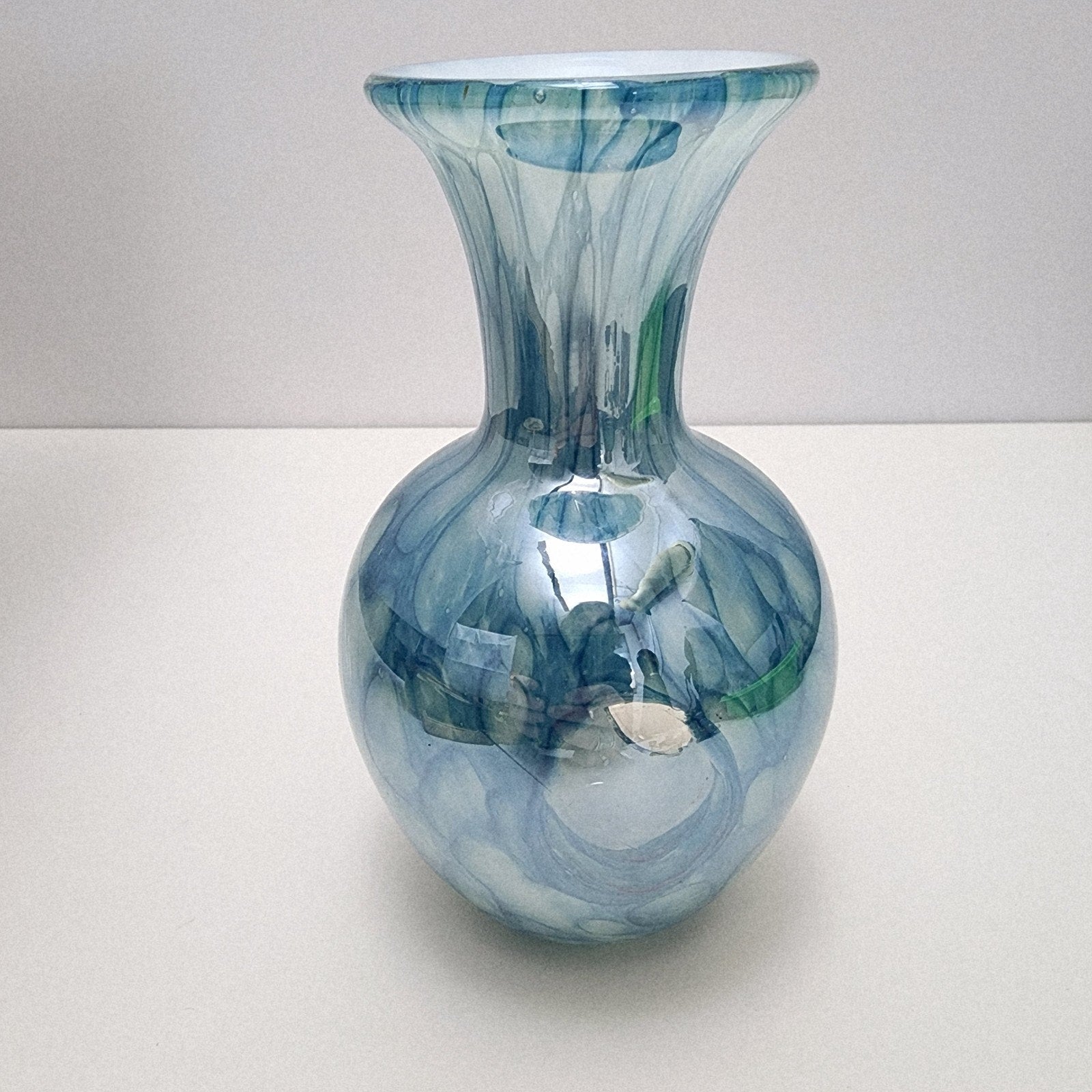 6" Blue Implosion Window Vase Art Glass Handmade Flower Bud
