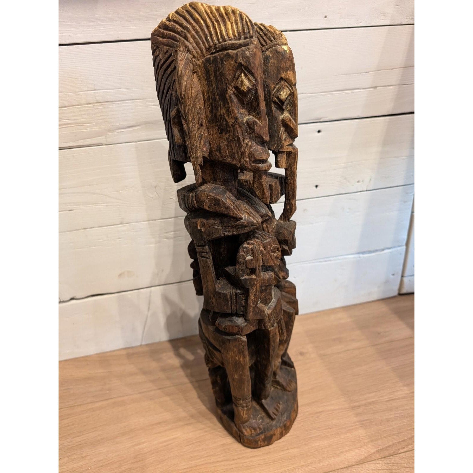 African DOGON Marriage Statue Wood Carved Couple and Children Figure 21"