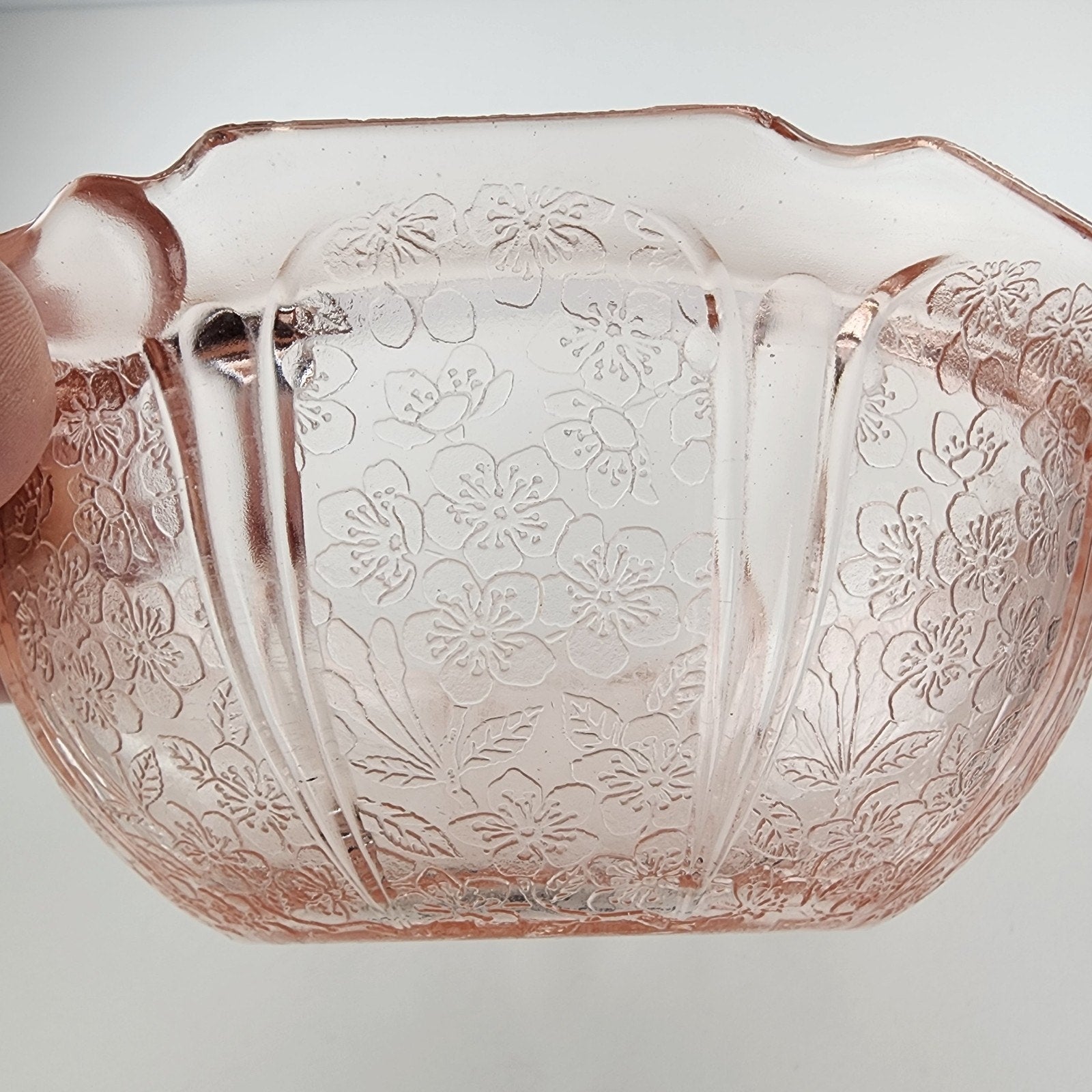 Jeanette Pink Depression Glass Handled Bowl Cherry Blossom Floral Pattern 1930s