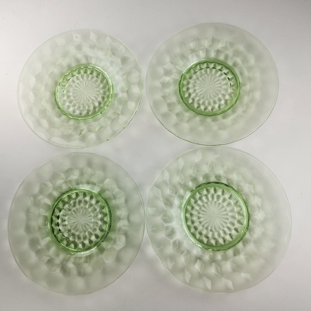 6" Block Optic UV Uranium Glow Plate Set of 4 Vintage Depression Glass