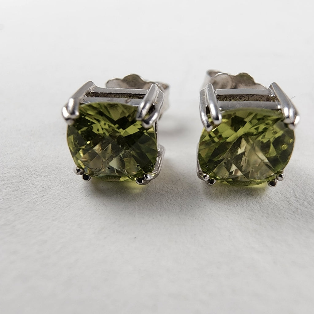 Cushion Cut Peridot Stud Earrings Pair Sterling Silver 925 Vintage