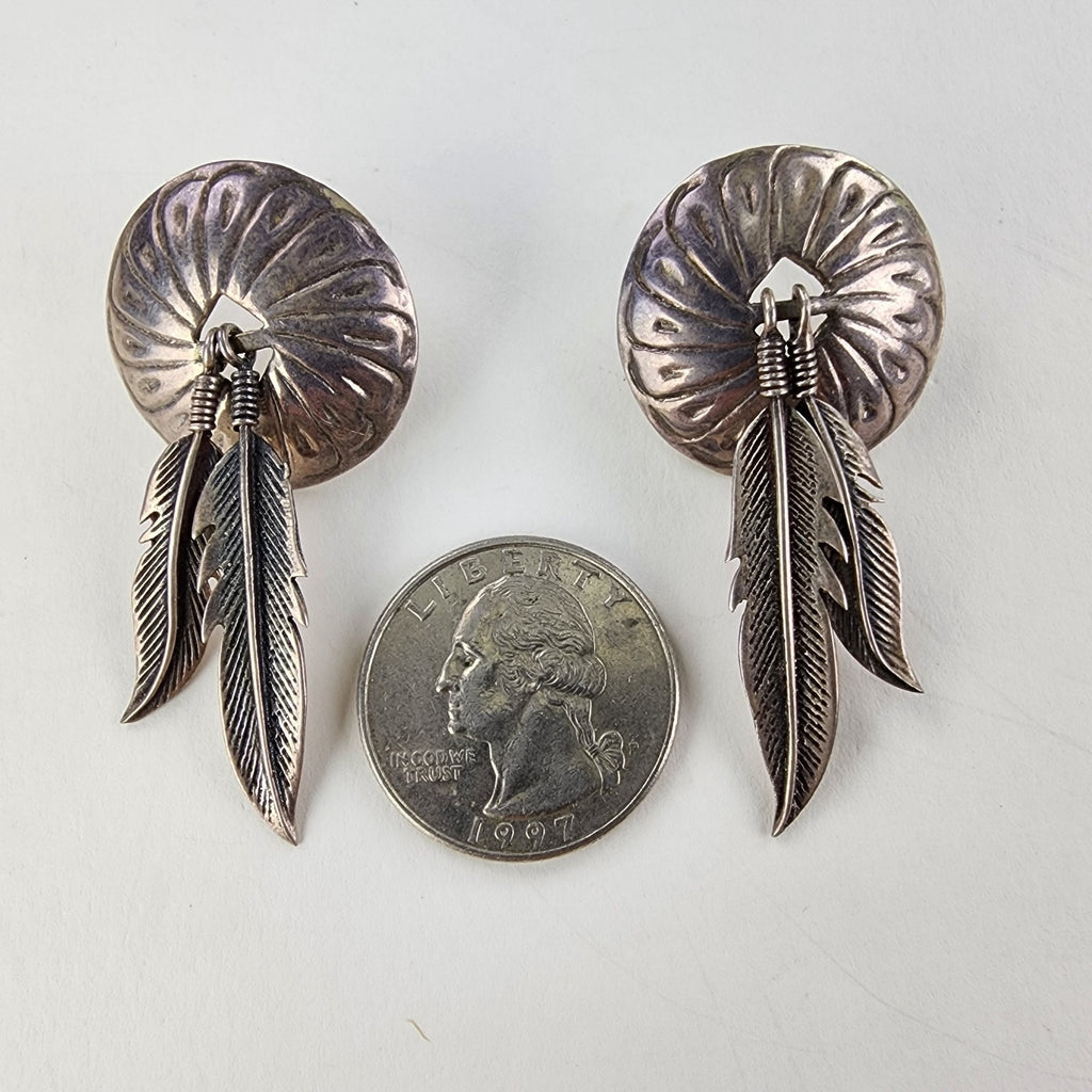 Old Pawn Stamped Feather Concho Earrings Sterling Silver 925 Native Vintage