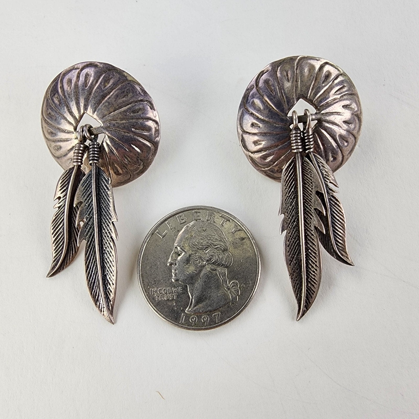 Old Pawn Stamped Feather Concho Earrings Sterling Silver 925 Native Vintage