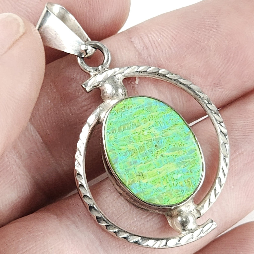Vintage Green Fire Opal Oval Pendant Sterling Silver 925 Estate