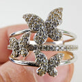 Triple Butterfly Pave Diamond Ring Size 9 Sterling Silver 925 Vintage