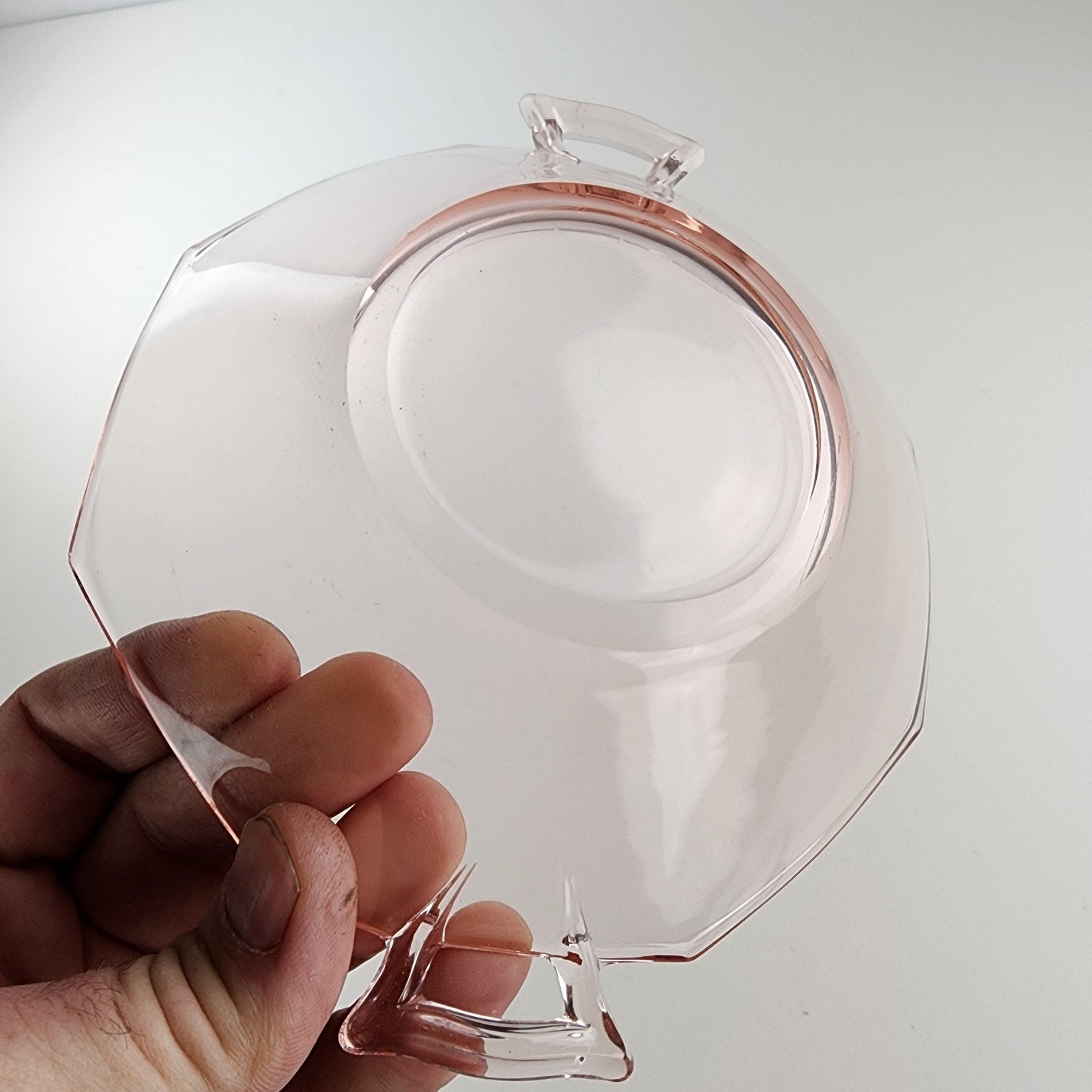 7" Pink Octagon Depression Glass Double Handled Scalloped Bowl