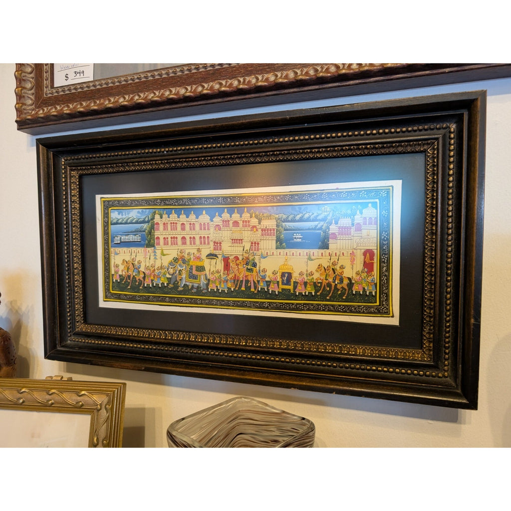 Miniature Indian Royal Procession Painting on Silk - Framed and Ready to Hang!