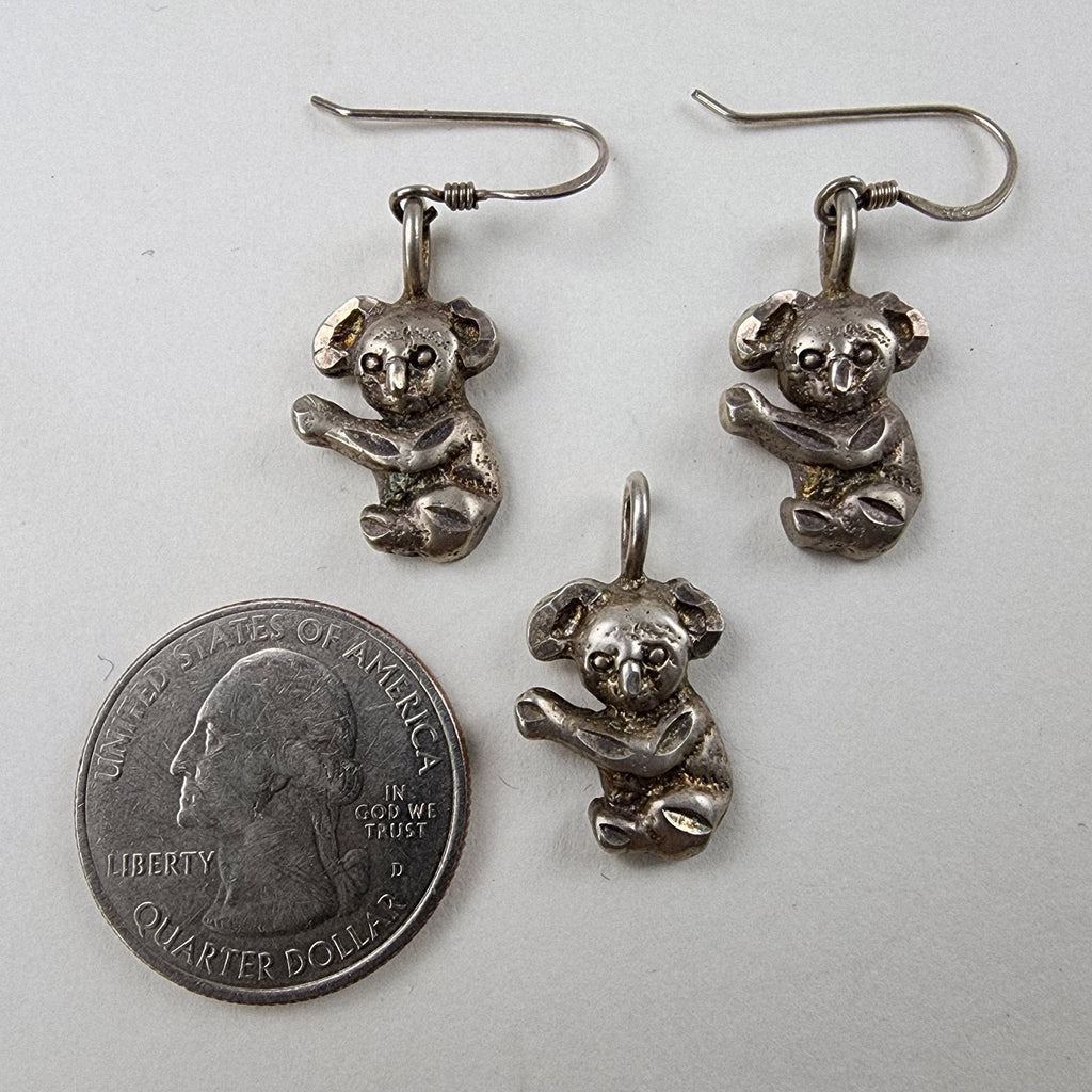 Koala Bear Earring & Pendant Set Diamond Cut Sterling Silver 925 Vintage