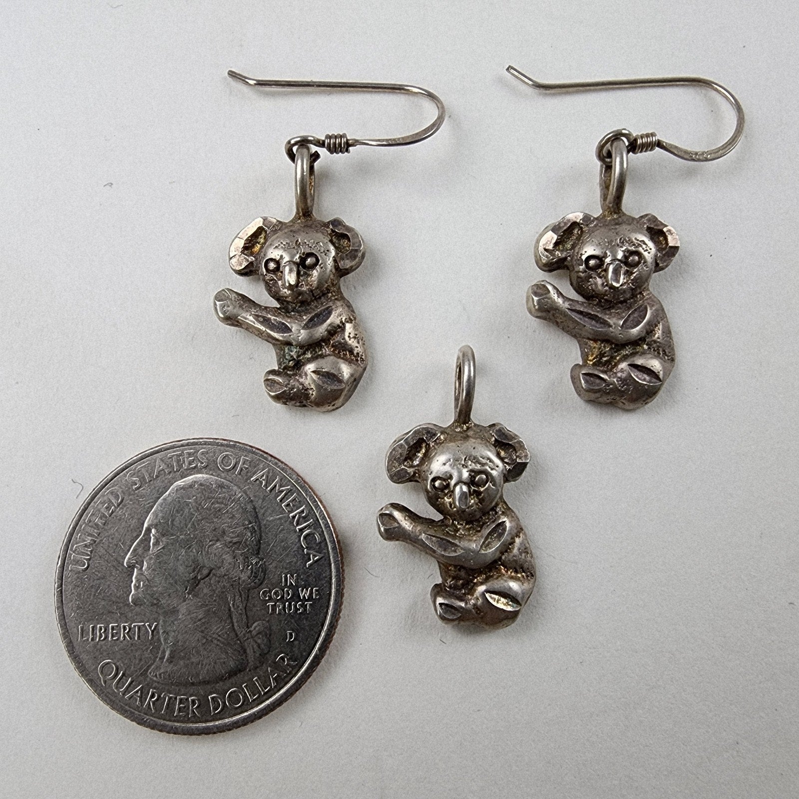 Koala Bear Earring & Pendant Set Diamond Cut Sterling Silver 925 Vintage