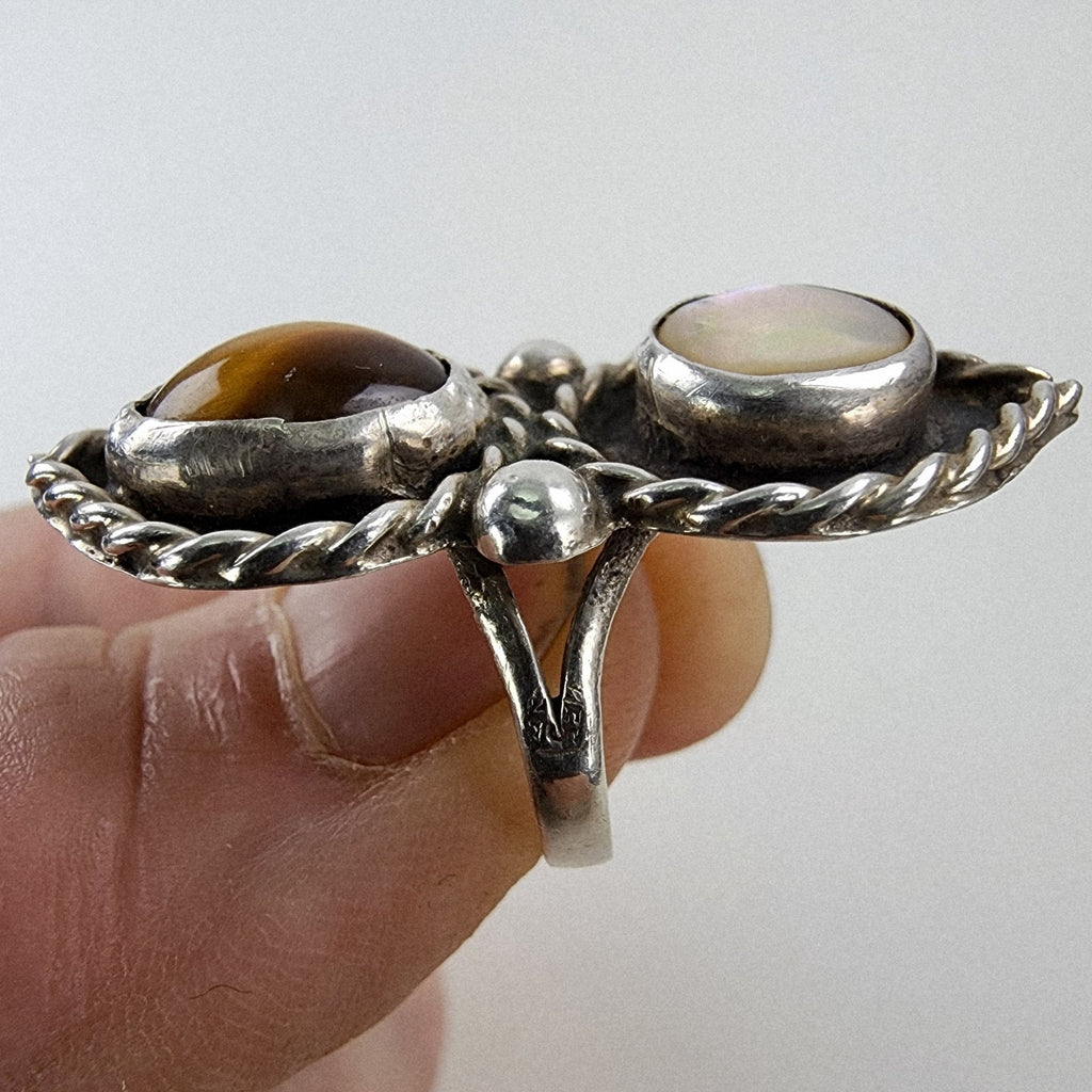 Tigers Eye Mother of Pearl Mexico Ring Size 7 3/4 Sterling Silver 925 Vintage