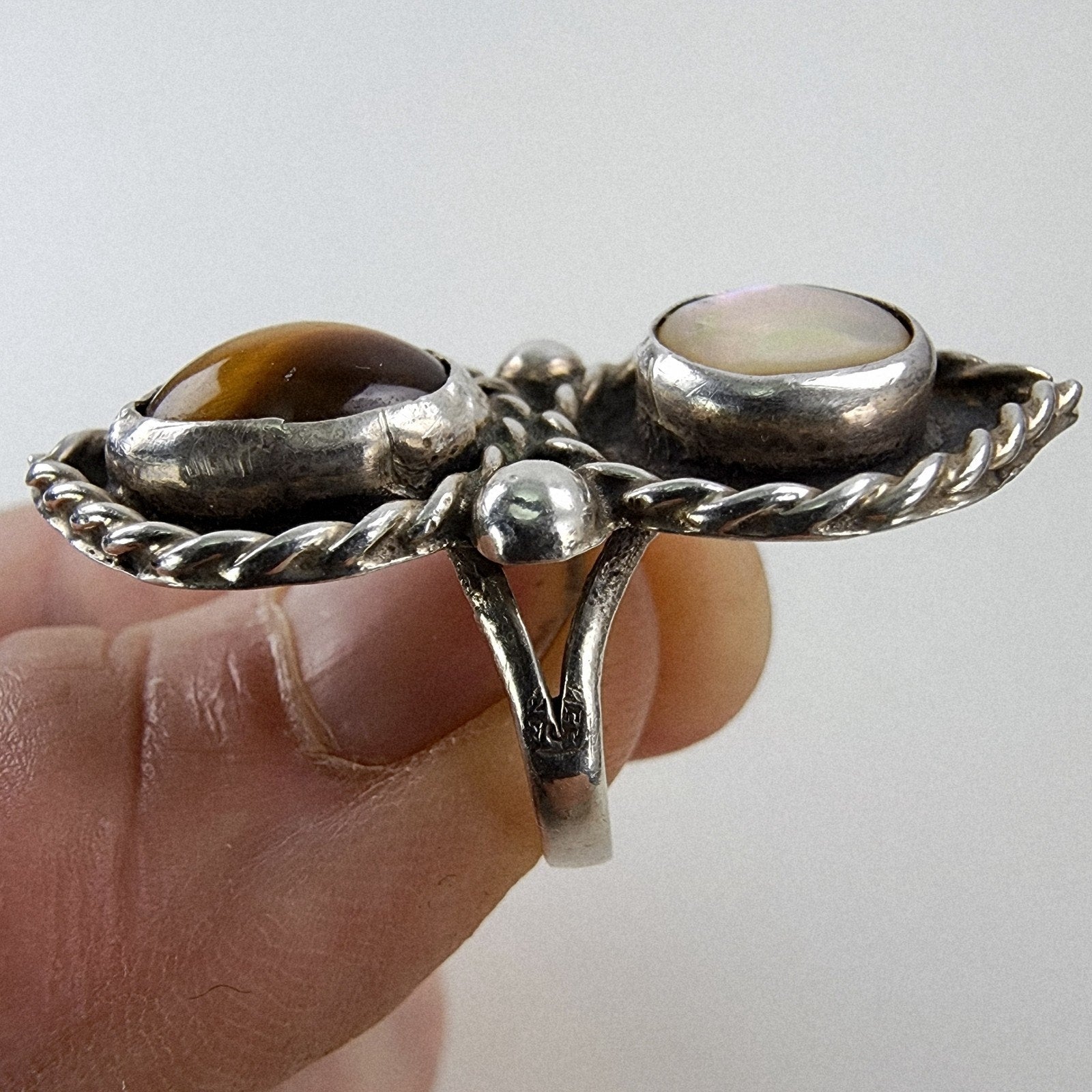 Tigers Eye Mother of Pearl Mexico Ring Size 7 3/4 Sterling Silver 925 Vintage
