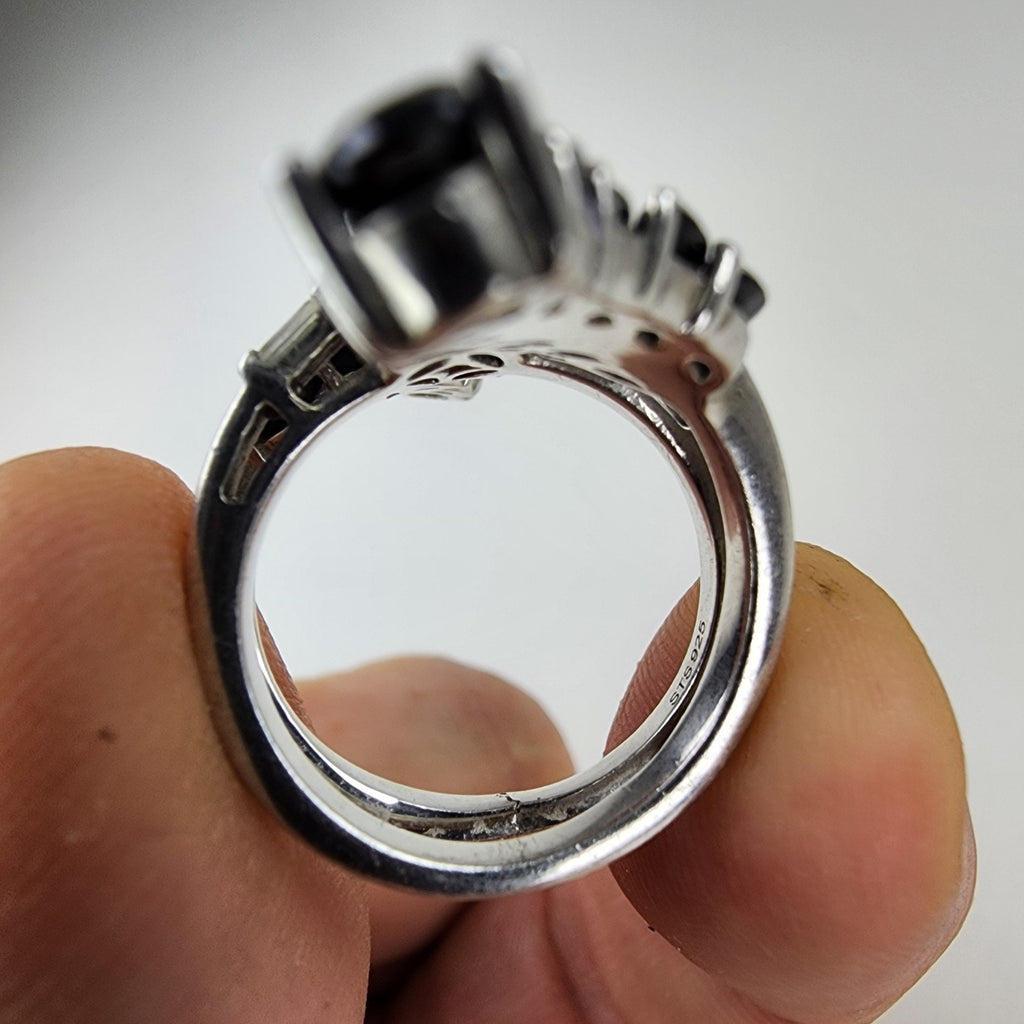 Sapphire Cluster Bypass Ring Size 7 1/2 Sterling Silver 925 Vintage