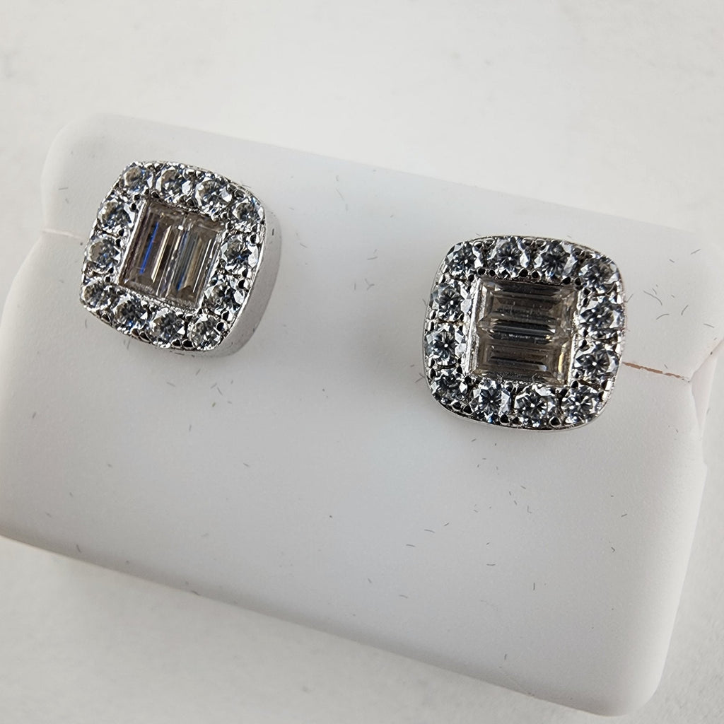 Moissanite Halo Sterling Silver 925 Stud Screwback Earrings Baguette & Round Cut