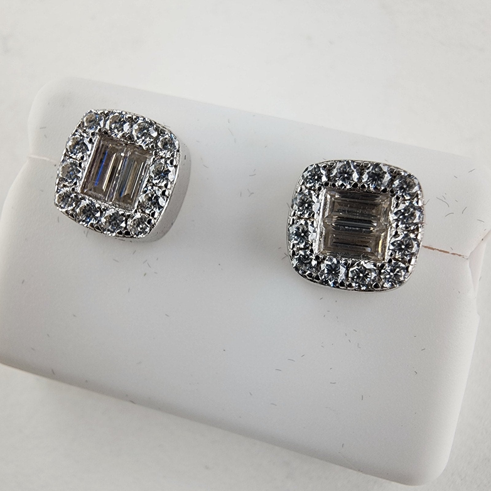 Moissanite Halo Sterling Silver 925 Stud Screwback Earrings Baguette & Round Cut