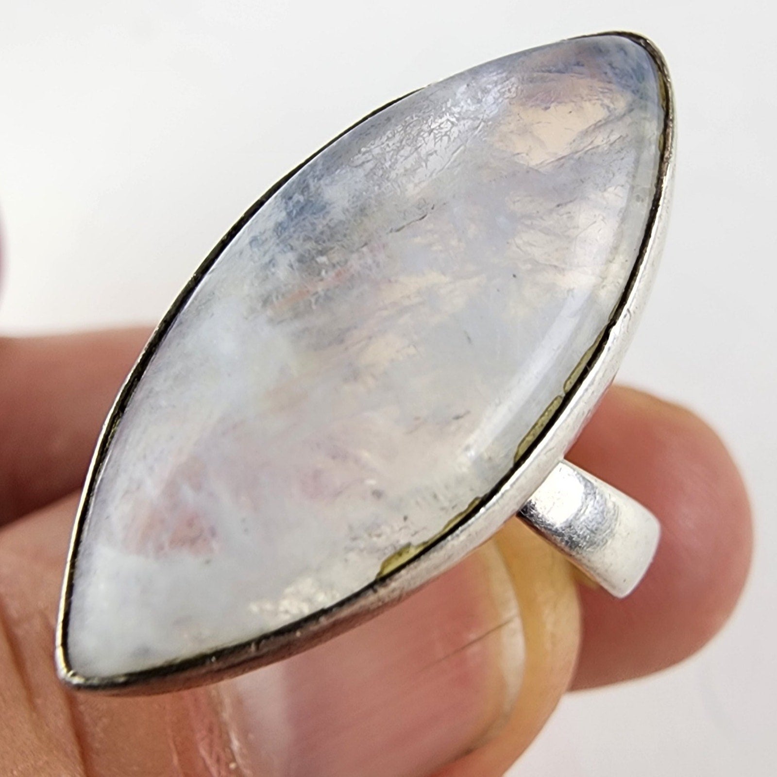 Rainbow Moonstone Marquise Cabochon Ring Size 8 Adjustable Sterling Silver 925