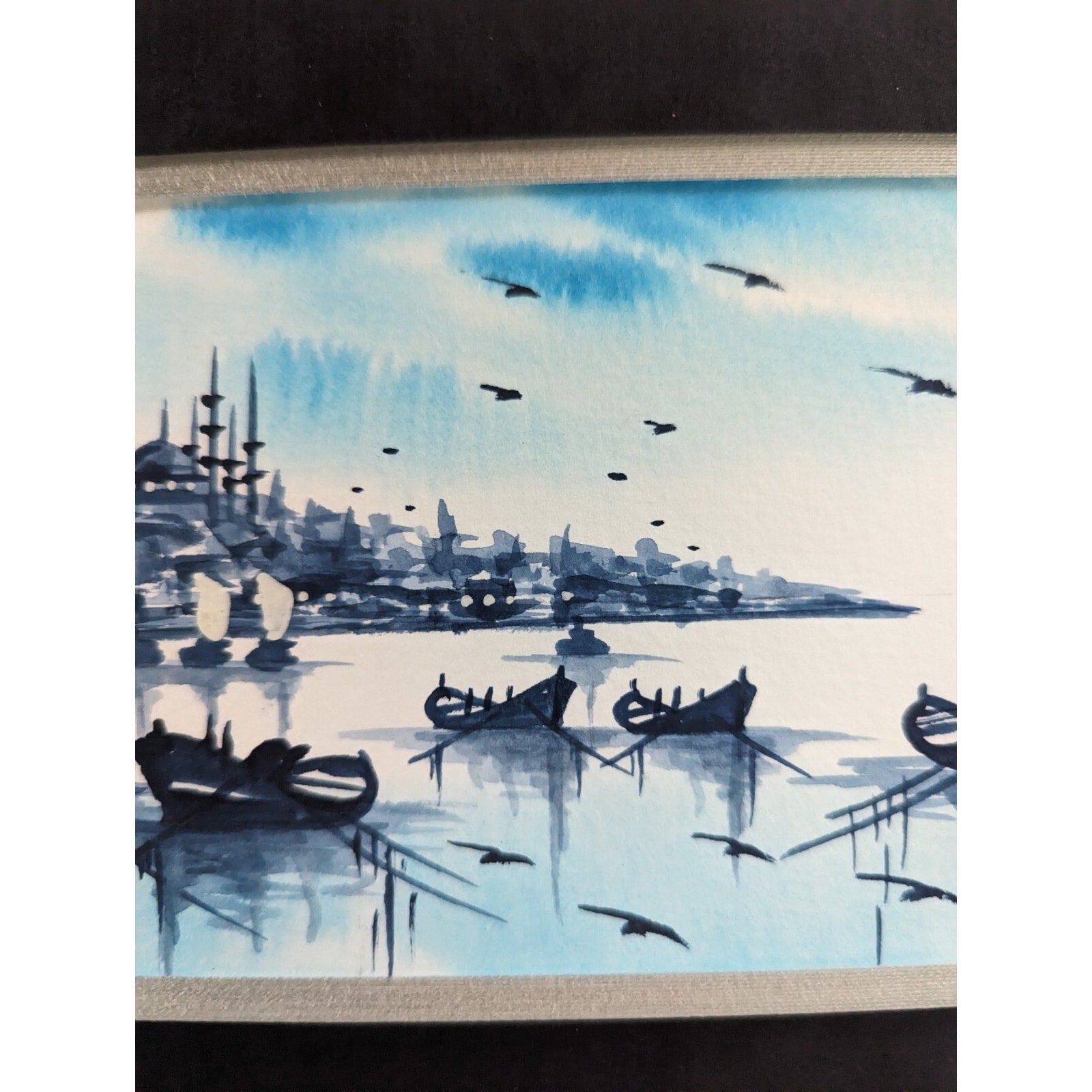 Tonalist Watercolor Cityscape with Boats Signed Ruhan MCM 10" x 24"