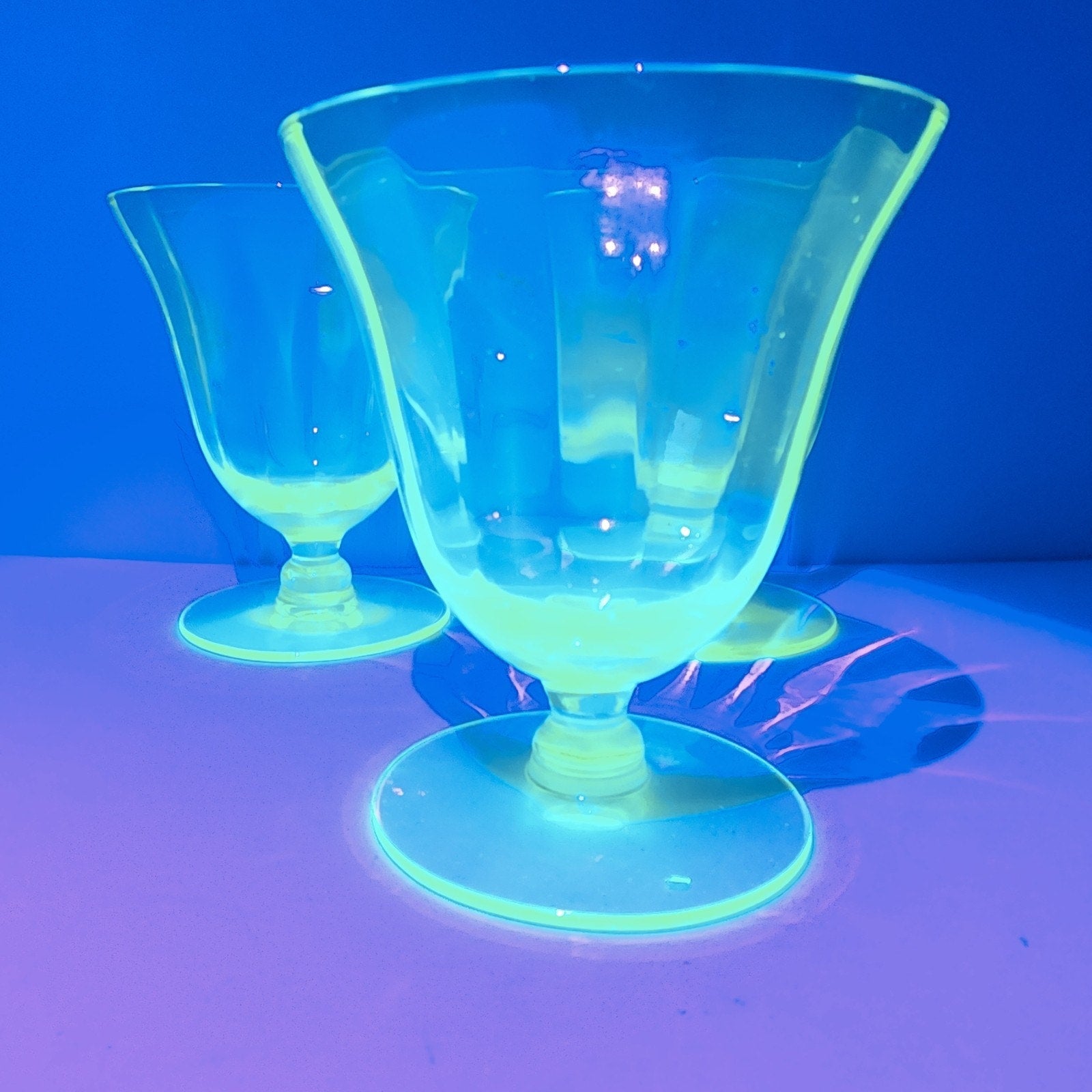 UV Uranium Glow Depression Glass Footed Desert Cups 4 Oz Set of Three