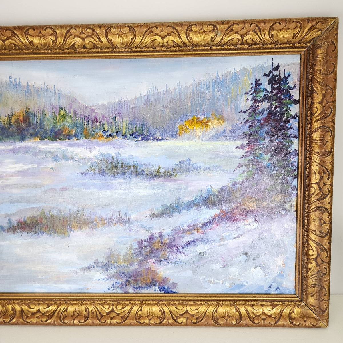 Impressionist Winter Landscape Scene Acrylic on Panel in Gilded Frame Unsigned