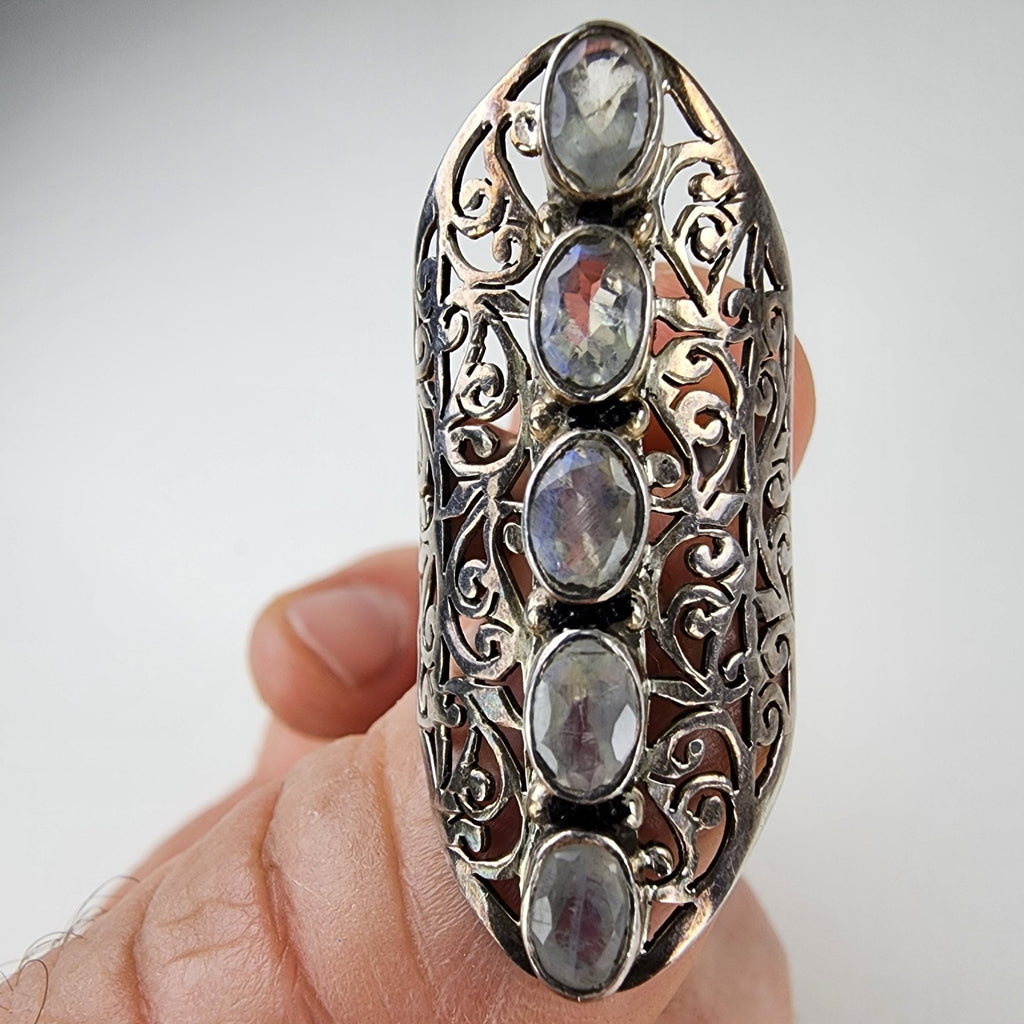 Rainbow Moonstone Filigree Shield Ring Size 7 1/2 Sterling Silver 925 Vintage