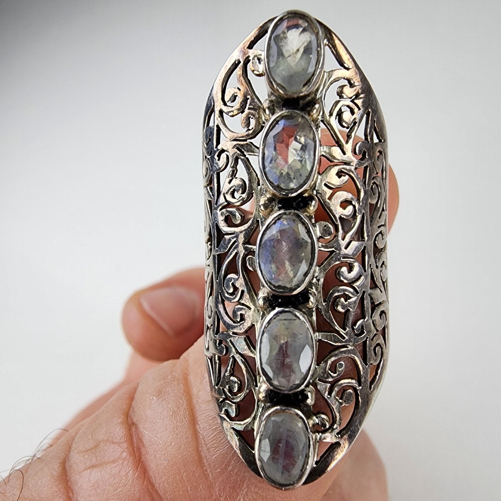 Rainbow Moonstone Filigree Shield Ring Size 7 1/2 Sterling Silver 925 Vintage