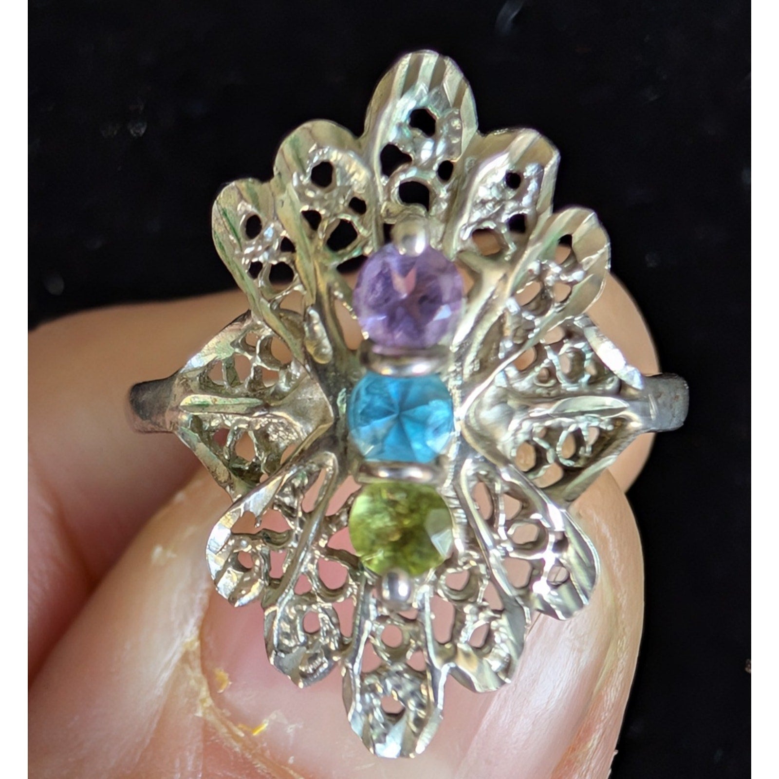 Filigree Ring in Sterling Silver 925 with Amethyst Peridot & Topaz Size 8