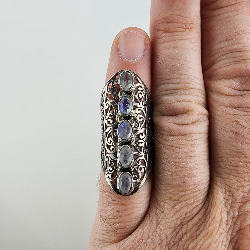 Rainbow Moonstone Filigree Shield Ring Size 7 1/2 Sterling Silver 925 Vintage
