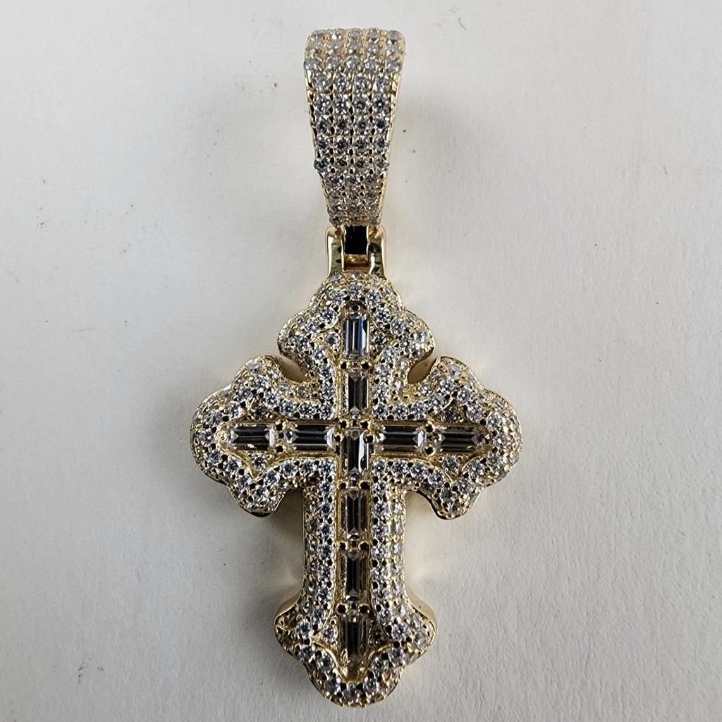 Baguette Moissanite 18K Yellow Gold & Sterling Silver 925 Cross Pendant Iced Out
