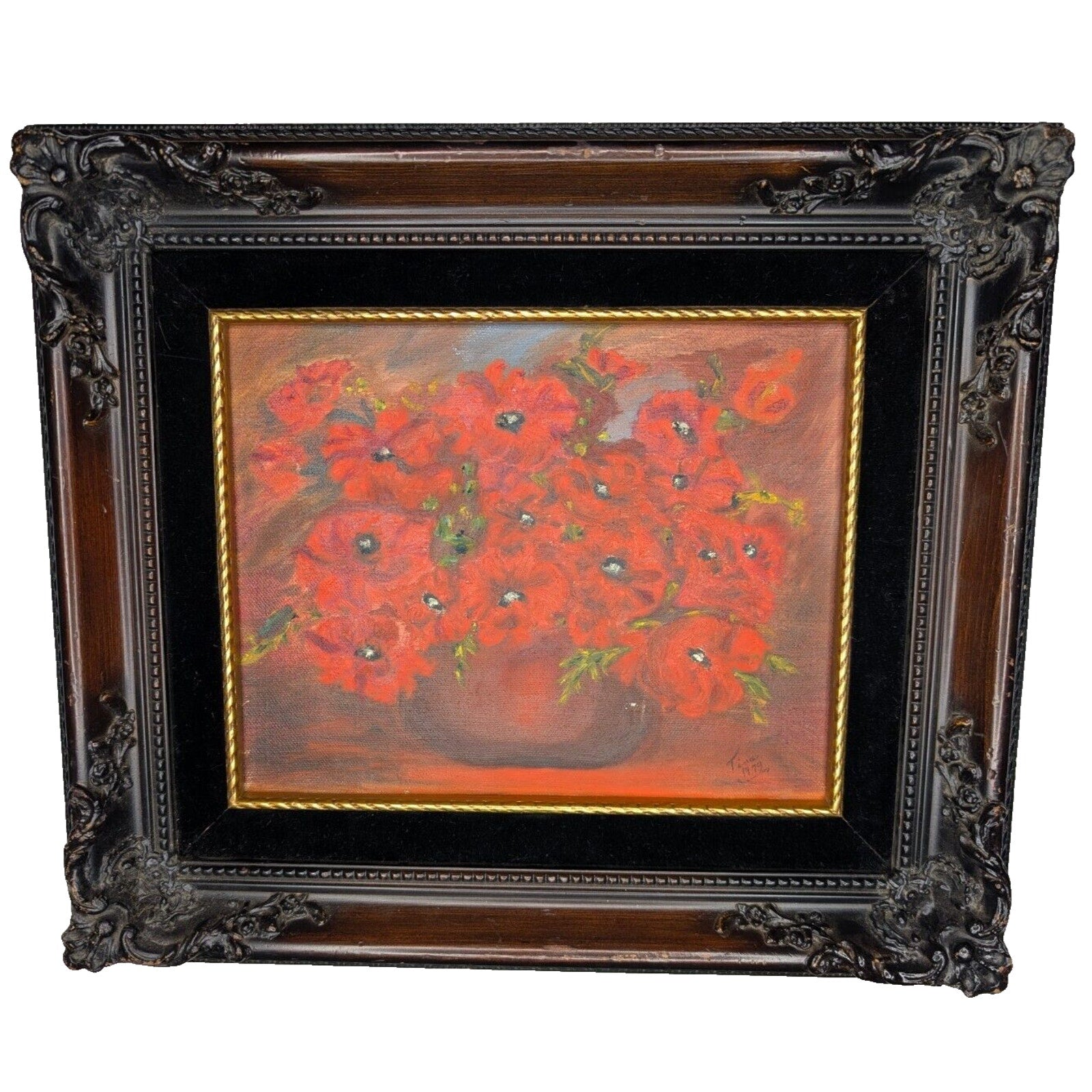 Roses Still Life Signed Tina 1979 Acrylic on Canvas Framed