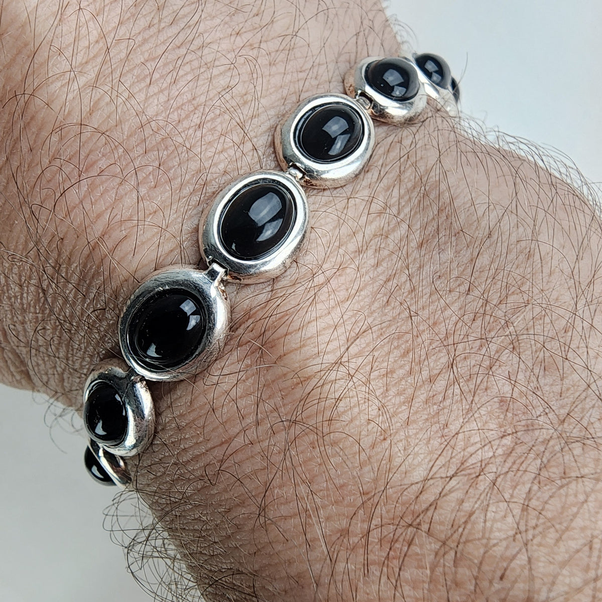 Vintage 7 1/2" Black Onyx Oval Link Bracelet in Sterling Silver 925