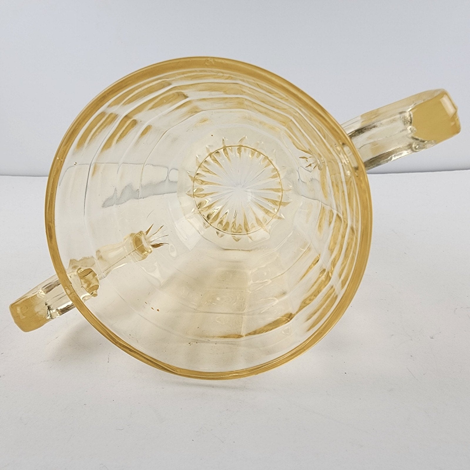 Anchor Hocking Block Optic Vaseline UV Glass Double Handled Cup Bowl Depression