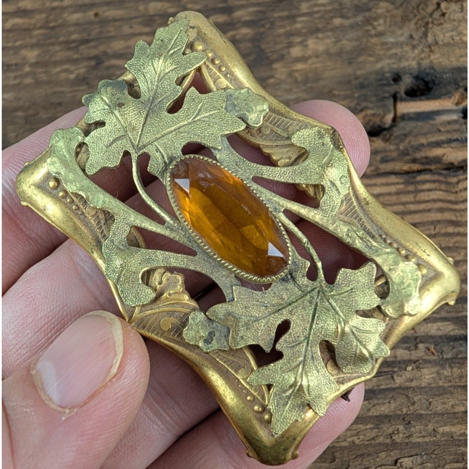 Art Nouveau Orange Rhinestone Rectangular Floral Brooch