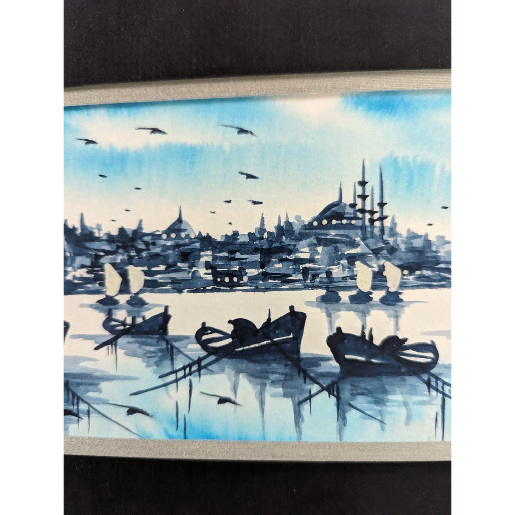 Tonalist Watercolor Cityscape with Boats Signed Ruhan MCM 10" x 24"