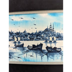 Tonalist Watercolor Cityscape with Boats Signed Ruhan MCM 10" x 24"