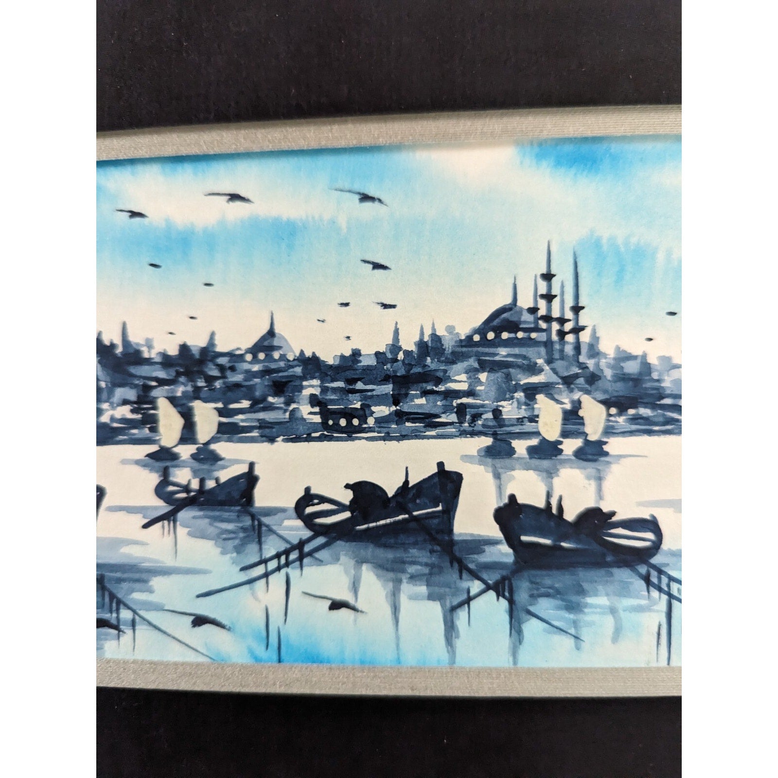 Tonalist Watercolor Cityscape with Boats Signed Ruhan MCM 10" x 24"