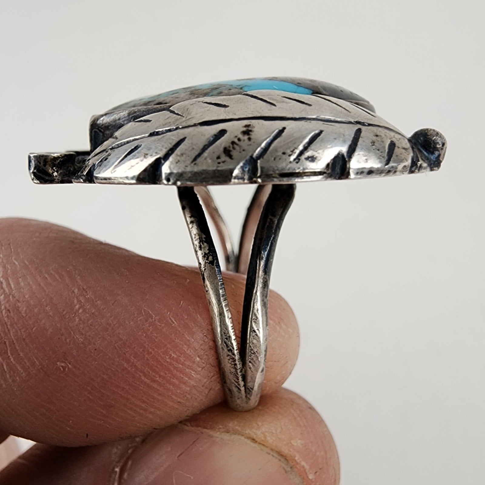 Old Pawn Turquoise Statement Ring Size 8 1/2 Sterling Silver 925 Vintage