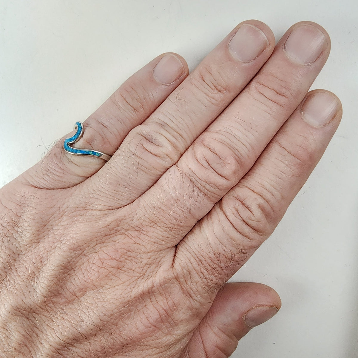 Modernist Opal Inlay Wave Ring Size 6 3/4 in Sterling Silver 925