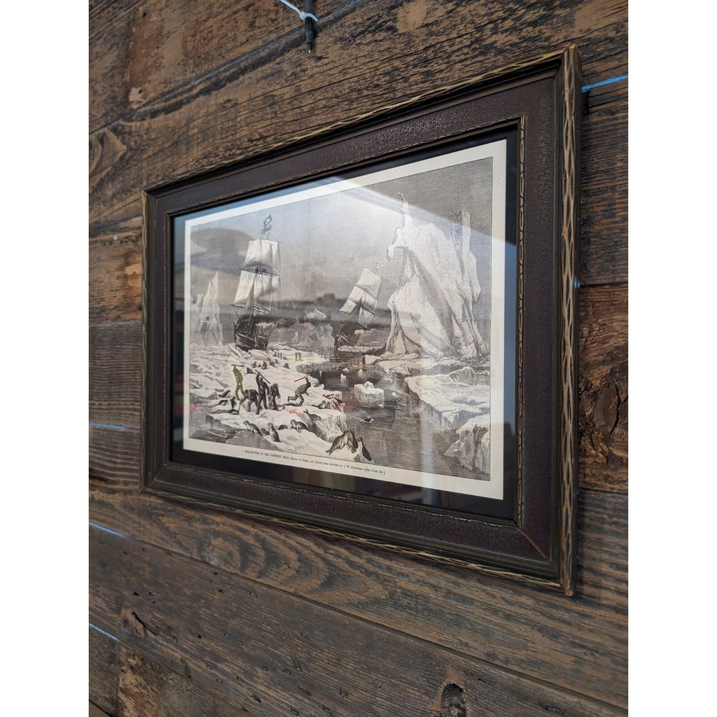 Framed 1881 Seal Hunt Print from Harpers Weekly Victorian Artwork Black & White